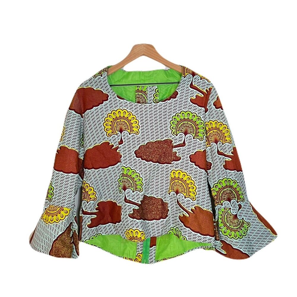 Handmade African Print Top Ankara Wax Fabric Bell Sleeve‎ Blouse Size M